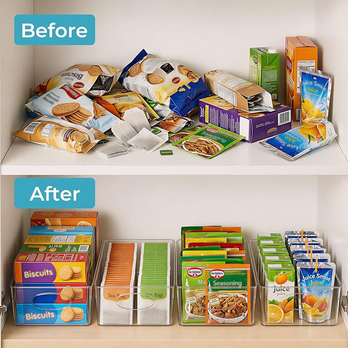 UFORU 5 Pack Clear Pantry Organizers and Storage, Stackable Plastic Storage Bins with Handles, Clear Storage Bins for Kitchen, Fridge, Freezer, Cabinet and Containers for Pantry Organization