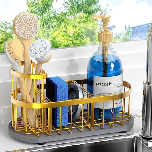 Sponge Holder for Kitchen Sink with High Brush Holder, [Stay-Dry Anywhere & No Drainage Needed] Rustproof Stainless Steel Kitchen Sink Caddy Organizer with Water Absorbing Stone Tray, Gold