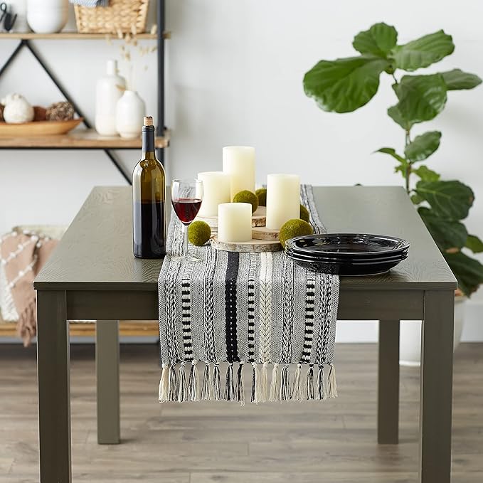 DII Farmhouse Braided Stripe Table Runner Collection, 15x108 (15x113, Fringe Included), Black