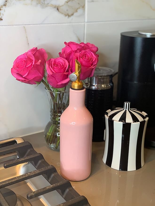 Ceramic Pink Olive Oil Dispenser - Coffee Syrup & Vinegar Cruet, Weighted Pourer, Safe Storage