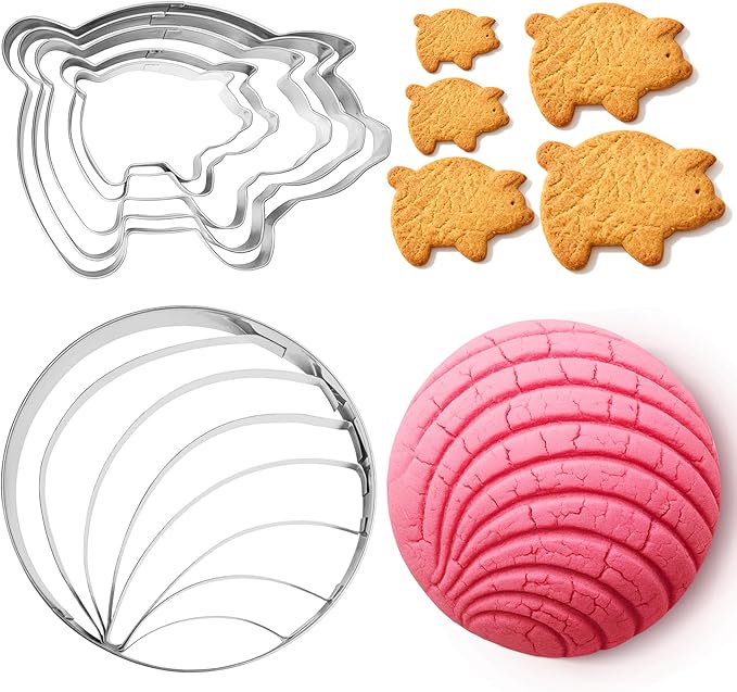Betus Mexican Concha Bread Cutter and 5Pcs Marranito Pig Cookie Cutters Set – Traditional Pan Dulce Baking Molds for Conchas & Mexican Gingerbread Pigs – Perfect for Día de los Muertos and Baking