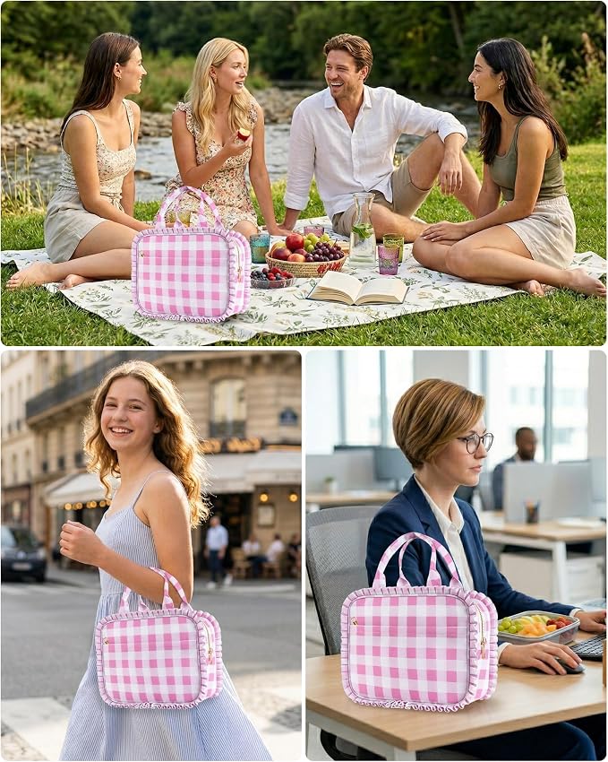 Stylish Checkered Gingham Lunch Bag for Women, Ruffled Trim Lunch Box for Adult Girls, Large Capacity Leakproof Reusable Lunch Box for Work School Picnic Travel (Pink&White)