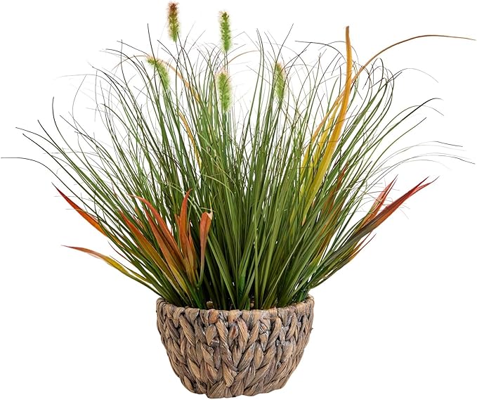 AlphaAcc 17.5 Inch Artificial Grass Plant with Pebbles Full Realistic Faux Plant Featuring Natural Curved Grass Leaves in Green and Red Brown Tones, Rustic Woven Pot Fake Plant for Home Office Decor