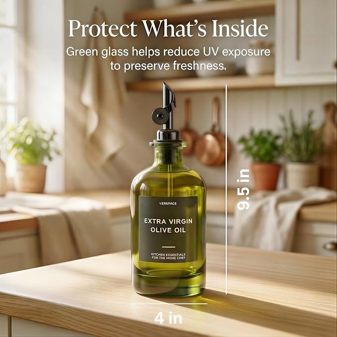 Verspace UV-Protected Green Glass Olive Oil Dispenser Bottles For Kitchen - 2 Pack - 17oz Includes 40 Kitchen Essential Labels, Avocado Oil Dispenser Set, Modern Decor for Home, Airbnb, Cafe