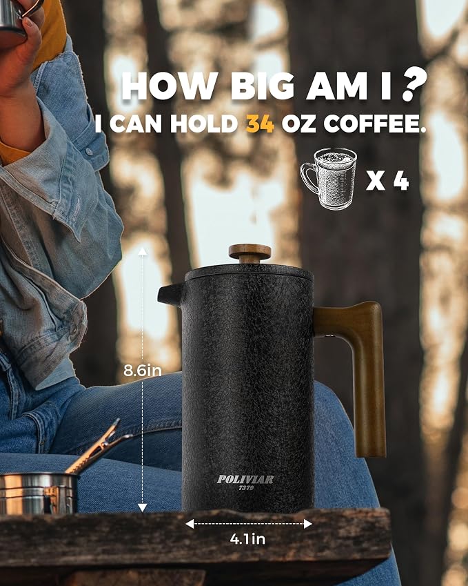 POLIVIAR French Press Coffee Maker, 34 oz | Real Wood Handle Coffee Press, Double Wall Insulation, Dual-Filter Screen, Food Grade Stainless Steel, For Coffee and Tea