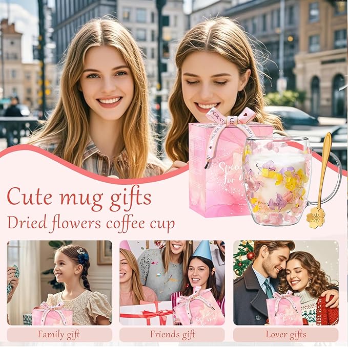 Double Wall Glass Coffee Mugs, Aesthetic Dried Flowers Cups with Handles,Espresso Cups for Cappuccino Coffee Tea Milk,Insulated Heat Resistant Glass Mug Christmas Birthday Gifts for Women