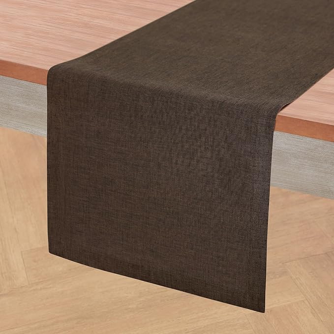 Solino Home Linen Chambray Brown Table Runner 132 Inches Long - Athena, 100% Pure Linen Dining Table Runner 14 x 132 Inch - Handcrafted and Machine Washable