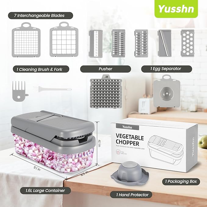 Vegetable Chopper,12-in-1 Multifunctional Food Chopper,Professional Onion Chopper with 7 Blades,Vegetable Cutter with Container for Salad,Potato,Carrot,and Garlic Essential Kitchen Tool (Silver gray)