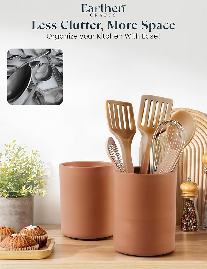 Terracotta Utensil Holder 6.5” Set of 2 Large Kitchen Utensil Crock & Counter Organizer | Flatware, Spatula Tool & Cooking Storage Caddy | Farmhouse Countertop Decor