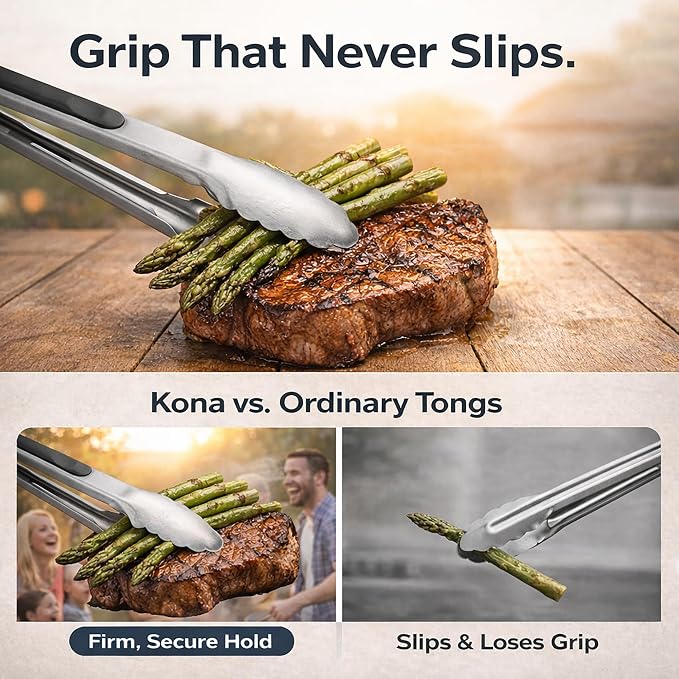 Kona Premium Stainless-Steel Locking Grill Tongs 17 inch, Sturdy, Heavy Duty Tongs - Great for Cooking, Grilling, and Barbecue (BBQ) [Set of 2]