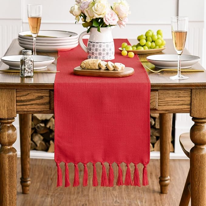 Artoid Mode Red Tassel Table Runner, Christmas Linen Blend Rustic Farmhouse Style Kitchen Table Decoration Holiday Wedding Party Dinning Decor 13x36 Inch