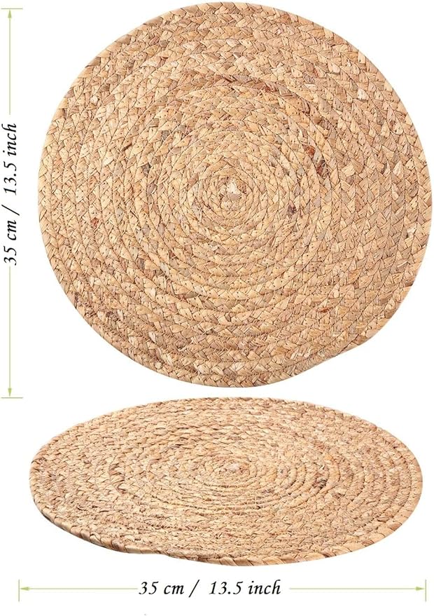 4 Pieces Round Woven Placemats, 13.8 inch Plate Chargers Natural Wicker Placemats Water Hyacinth Straw Braided Tablemats Rattan Tablemats Rustic Weave Placemats for Table Decoration