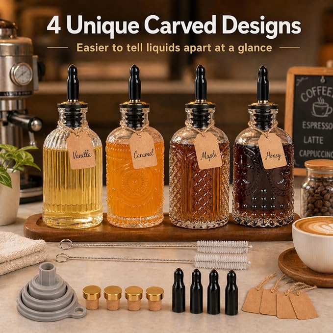 ChezMax Syrup Dispenser Bottles Set of 4, Simple Syrup Bottle for Coffee Bar Accessories, 7 oz Glass Coffee Syrup Dispenser Syrup Containers for Maple Honey Syrup Oil, with Metal Pour Spouts & Labels
