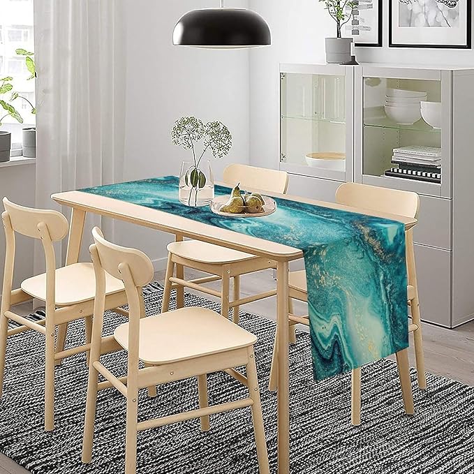 Marble Table Runner, Abstract Teal Modern Luxury Texture Printed Linen Table Runners for Living Room Farm Kitchen Dining Room Party Holiday Home Decor 13" W x 48" L