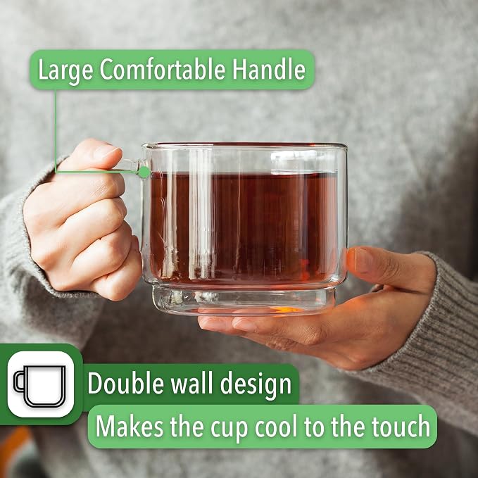 BTaT- Double Walled Stackable Glass Coffee Mugs, 16 oz, Set of 4, Glass Coffee Cups with Handle, Insulated Clear Coffee Mug for Hot and Cold Beverages, Cappuccino, Latte, Tea, Americano