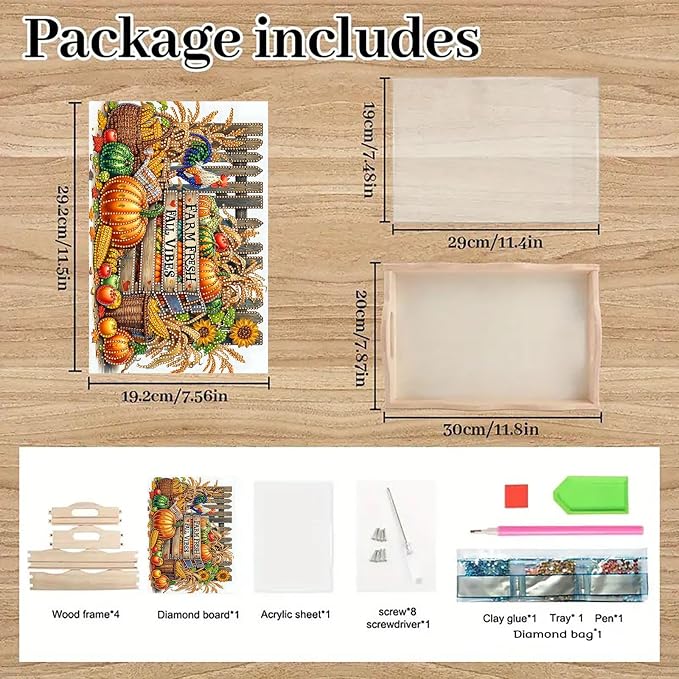 DIY Diamond Serving Tray with Handle Handmade Gem Painting Wooden Rectangular Breakfast Tray for Dinner Plate Coffee Room Living Home Organizer-Autumn Harvest