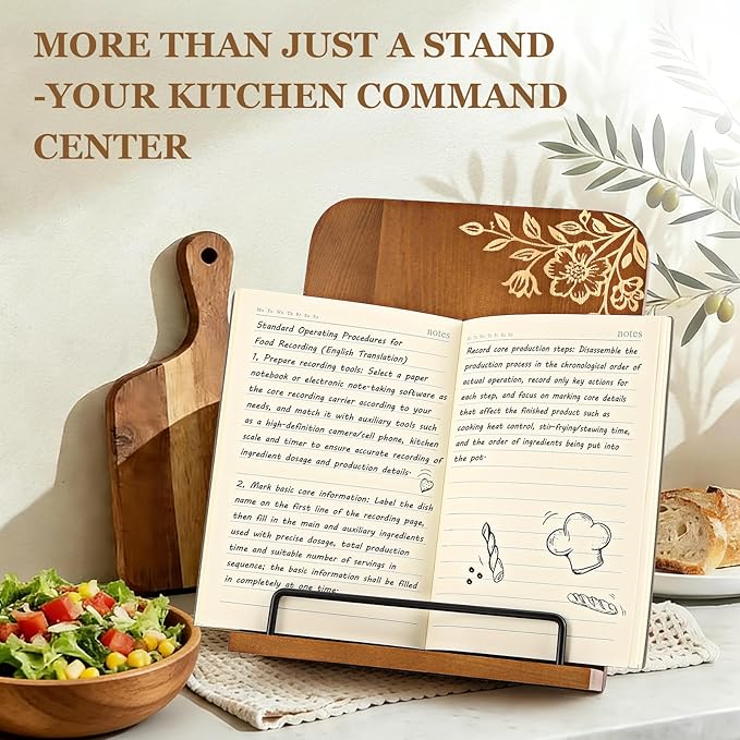 Beautiful Cookbook Stand for Kitchen Counter - Solid Wood Recipe Book Holder with Adjustable Design - Keeps Books Open for Convenient Cooking - Enhances Any Kitchen Decor