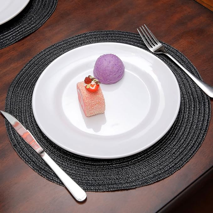 Topotdor 14 Inch Round Placemats Heat-Resistant Stain Resistant Anti-Skid Washable Polyproplene Table Mats Placemats (Black, Set of 6)