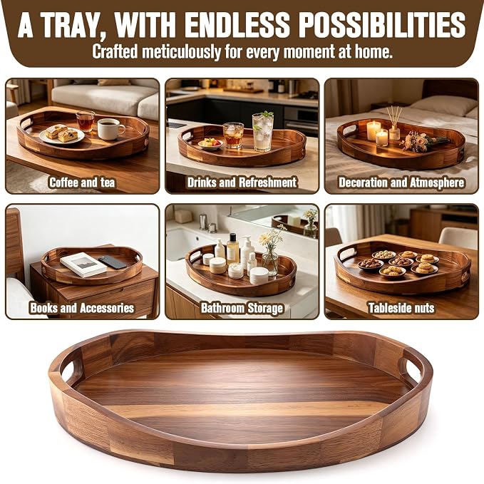 Acacia Wood Serving Tray 17"x13" Oval – Large Ottoman Tray with Handles for Coffee Table Decor, Living Room, Breakfast in Bed, Candle Display – Walnut Finish
