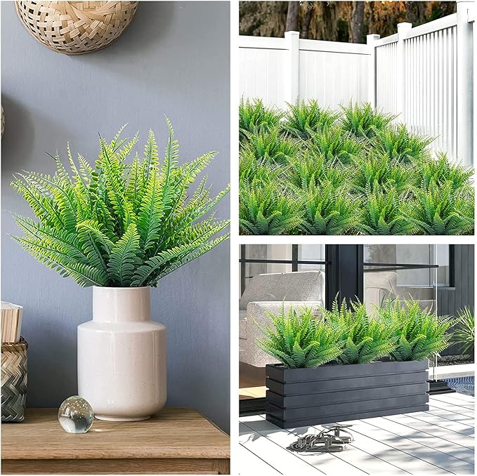 Artificial Boston Ferns Plants, Plastic Persian Grass Faux Shrubs Fake Leaves Simulation Greenery Bushes Home Outdoor Indoor Garden Wedding Decoration Office Yard Verandah Planter Filler – 4 Pack