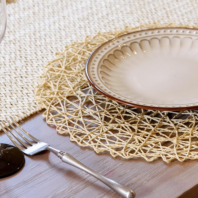 AHHFSMEI Paper Braided Round Placemats Natural Non-Slip Heat Resistant Table Mats for Dining Tables Farmhouse Woven Indoor & Outdoor Place mats for Thanksgiving (12, Beige B)