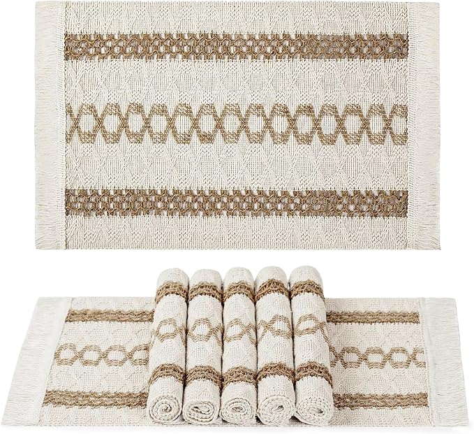 Ruvanti Cloth Placemats Set of 6 – 17.5"x11.5" Blend of Cotton, Polyester & Jute, Woven Placemats Washable Fabric, Table Mats Perfect for Farmhouse Kitchen, Parties, Holidays - Tri Stripe