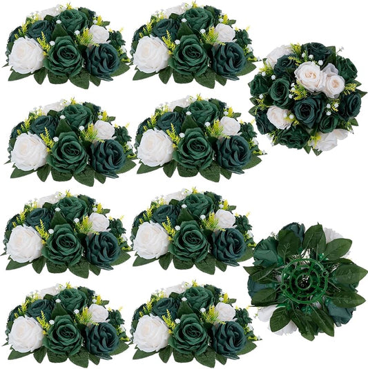 BLOSMON Green Flowers Artificial for Weddings: 10 Pcs Fake Rose Flower Balls for St Patricks Day Table Decorations - Fake Silk Kissing Bouquet Floral Arrangement for Home Party Event Decoration