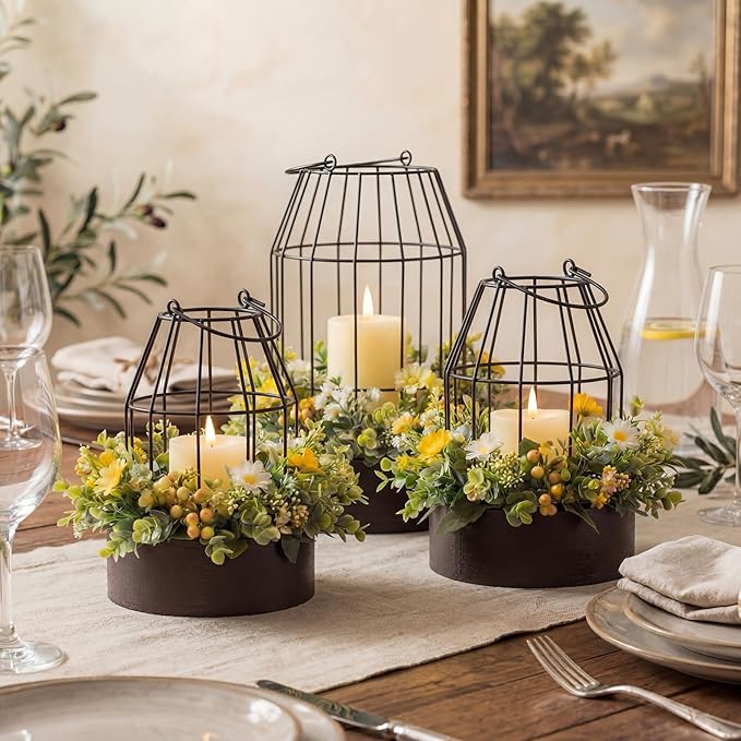 Rustic Farmhouse Lantern Decoration Set of 3, Modern Decorative Lanterns Indoor Outdoor, Metal Candle Holders for Porch Patio Fireplace Mantle Dining Room Table(Dark Brown, Black)