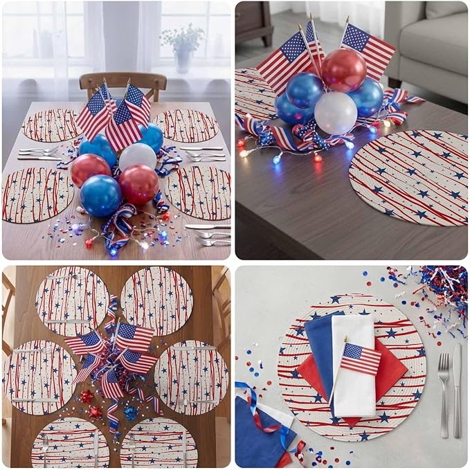 4th of July Round Placemats Set of 8 Patriotic Stars Place Mats Independence Day Woven Placemat Freedom Red Stripes Circle Braided Table Mat for Kitchen Dining Table Holiday Party Decor 15 Inch