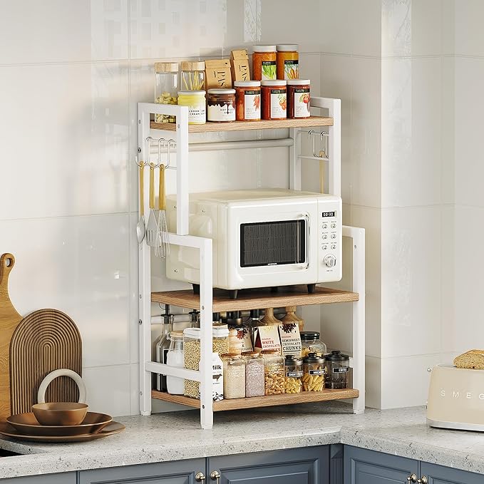 Kitchen Countertop Organizer, 3 Tier Large Spice Rack Organizer with Adjustable Shelf and 5 Hooks, Wooden Counter Organizer, Countertop Shelf Microwave Stand for Kitchen Coffee Bar, Light Coffee