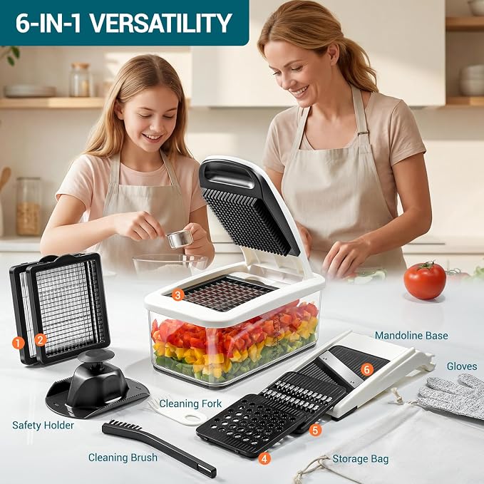 Sopito Vegetable Chopper Mandoline Slicer - Multifunctional Veggie Food Chopper With 6 Blades & Container, Heavy-Duty Vegetable Slicer and Cutter for Onion, Salad, and Food Preparation