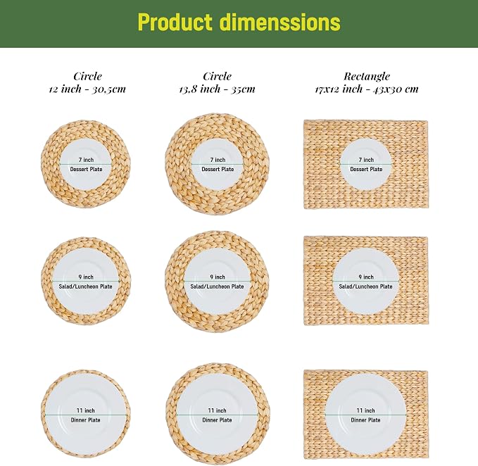 Woven Placemats Set, Handcrafted Water Hyacinth Round Rattan Place Mats for Dining Table, Natural Boho Wicker Farmhouse Table Decor, Indoor Outdoor Chargers (10, Round - 12in)
