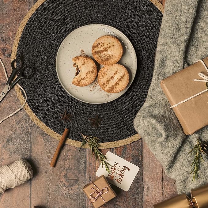 Noctiflorous Braided Round Placemats Set of 4, 15 Inch Woven Table Mats, Non-Slip Washable Thin Edge Place Mats for Kitchen Dining Table Decor (Black, 4)