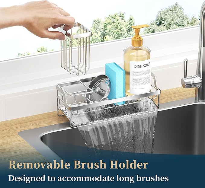 Consumest Sponge Holder for Kitchen Sink - Sink Caddy with Stainless Steel Self Drain Tray, Sink Organizer with High Brush Holder Countertop for Kitchen Sink Accessories, Silver