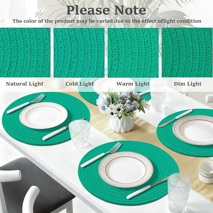 Round Placemats Set of 6, Cotton Rope Woven Table Mats, Hot Pads for Kitchen, Non Slip Heat Resistant Place Mats, 13 Inches Braided Placemat for Farmhouse Decor and Kitchen Table Decor (Turquoise)