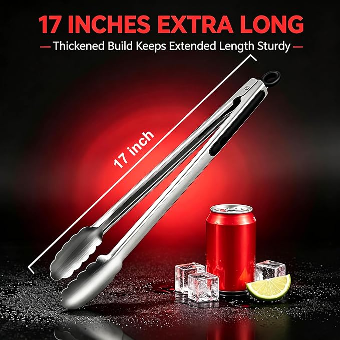 Grill Tongs, 17 Inch Extra Long BBQ tongs - Heavy Duty Kitchen Tong | 600 Degrees Heat Resistant Stainless Steel tong, Heavy Duty Metal Locking Tongs for Grilling, Cooking, Outdoor Barbecue