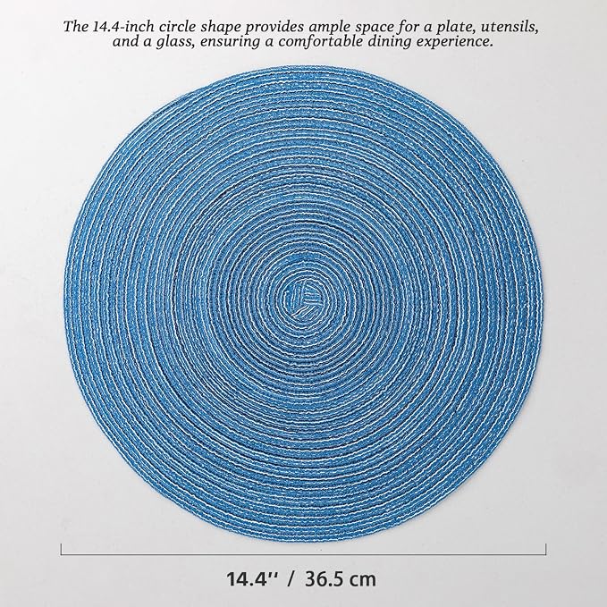 Round Placemats Set of 8 Woven Placemats Washable Braided Table Mats for Dining Table Heat Resistant Non-Slip Circle Place Mats(Mid Blue)