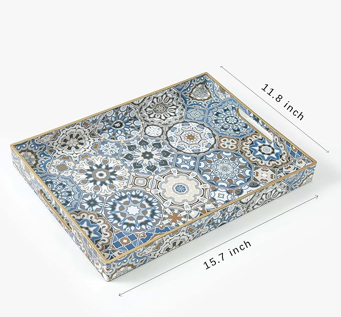 AGIOTA Boho Coffee Table Trays Serving Tray with Handles Large Tray for Ottoman Modern Decorative Tray for Living Room