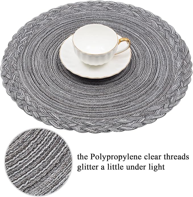 SHACOS Round Placemats Set of 6 Woven Round Table Mats 15 inch Braided Border Washable Cotton Polyester Circle Place Mats, Gray (Pack of 2)