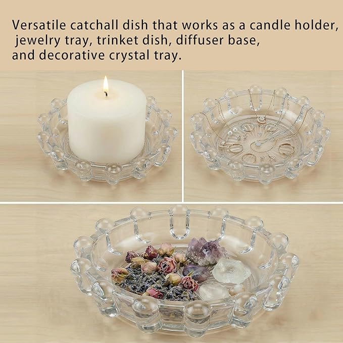 Crystal Clear Bubble Glass Candle Dish, Elegant Candle Holder Tray for Home Decor, Glass Candle Plate for Tea Lights Votives & Diffusers, Versatile Catchall Dish