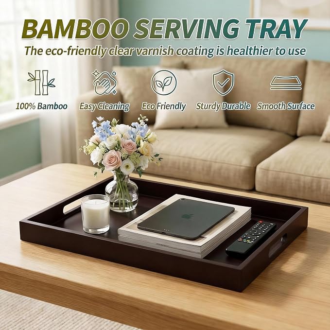 Dark Brown Bamboo Serving Tray Set of 2 with Handles, Nesting Wooden Trays for Serving Food & Drinks, Rectangular Coffee Table Ottoman Tray for Living Room Decor, Large 16.9” & Small 15.6”
