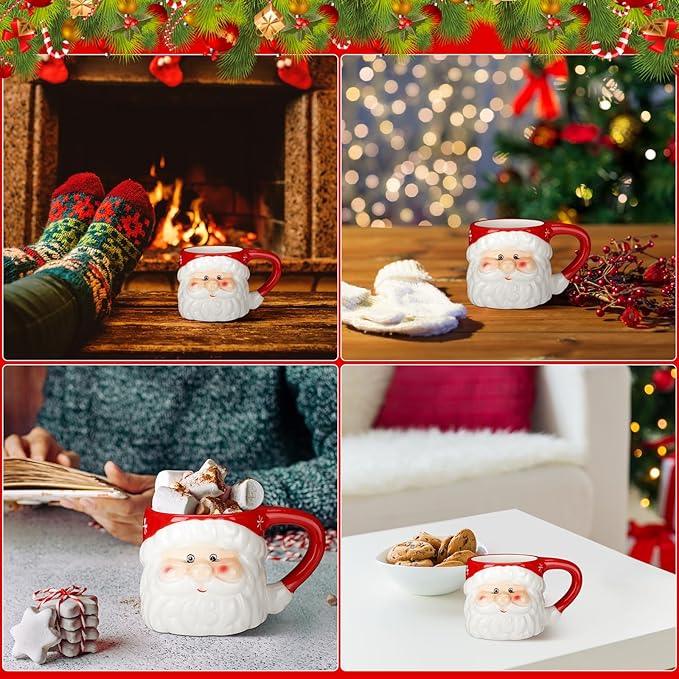 Sliner 2 Pcs Christmas Santa Coffee Mugs 11 oz Vintage Santa Claus Heads Ceramic Mug Christmas Themed Design Cup Set for Coffee Tea Hot Chocolate Xmas Holiday Gifts (Red)