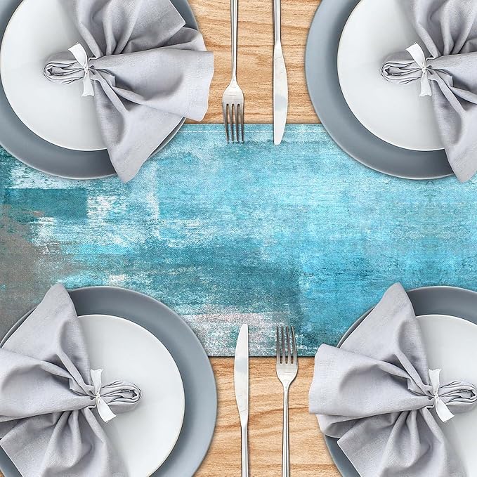 Table Runner Modern Abstract Art Painting Linen Dresser Runner Rustic Farmhouse Style Table Decor for Kitchen Dining Wedding Coffee Home Party (Teal, 13"x 71")