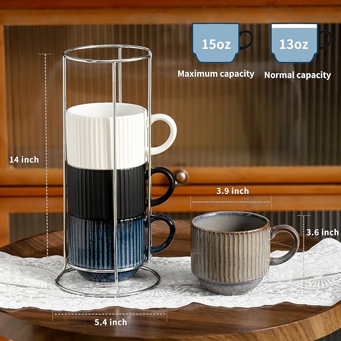 Ceramic Coffee Mugs with Stand,15 Ounce Stackable Coffee Cups Set of 4 for Latte,Cappuccino,Mocha,Cocoa,Ribbed Vintage Coffee Cups for Men Women,Dishwasher & Microwave Safe,Striped Multicolor