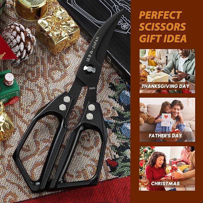Huusk Seafood Scissors Black - Stainless Steel Kitchen Shears Dishwasher Safe, Sharp Japanese-Style Kitchen Scissor for Crab, Shrimp, Lobster, Herbs and Food Prep, Gifts for Men Women