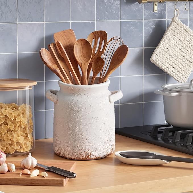 Qinyoung Rustic Kitchen Utensil Holder 6 Inch Small Ceramic Utensil Holder with Handle Vintage Crock Decoration Spatula Organizer for Kitchen Countertop Farmhouse Party Supplies(White,Textured)