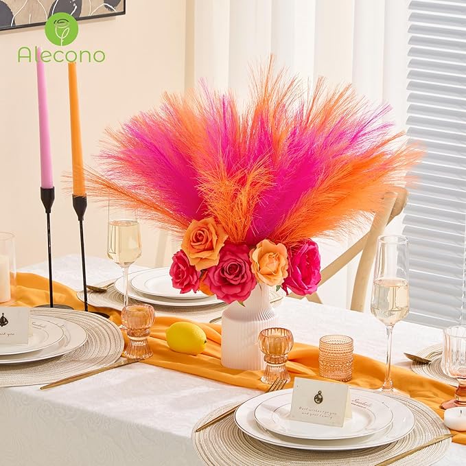 Alecono Pampas Grass 17in 𝟯𝟬𝙋𝙘𝙨, Orange and Hot Pink Artificial Faux Fluffy Pampas Grass Decor for Home Wedding Centerpieces Party