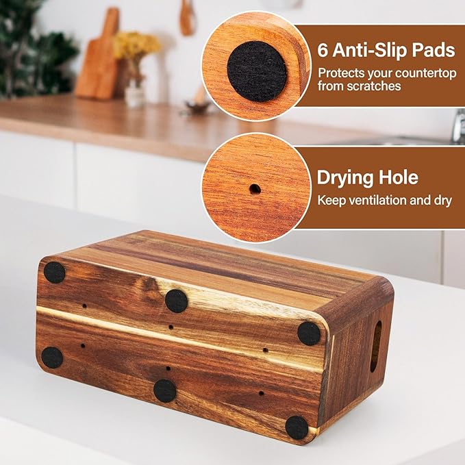 Wooden Utensil Holder for Kitchen Counter or Wall, Large Utensil Holder with 3 Compartment, Acacia Wood Kitchen Utensil Organizer for Storage Spoons & Spatulas, Fall Farmhouse Utensil Crock Container