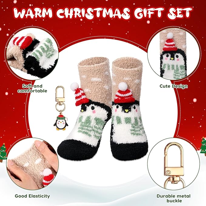 Sliner 4 Pcs Penguin Mug Gifts Set Include Christmas Coffee Mugs 17 oz with Red Spoons Funny Winter Fuzzy Socks Mini Penguin Keychains Hot Chocolate Cup for Women Men Xmas Holiday Birthday Gifts