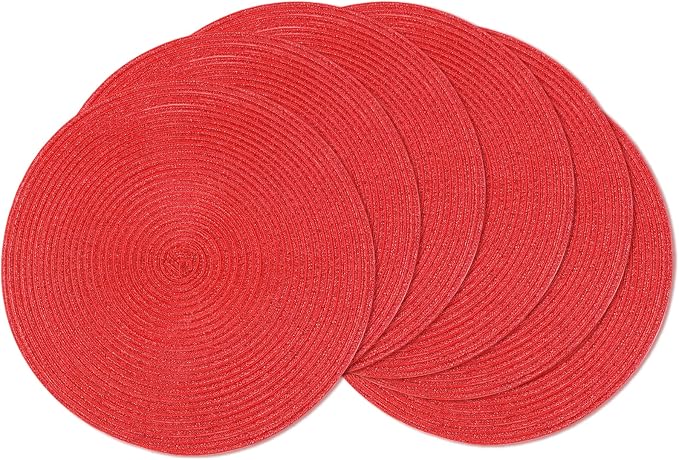 AHHFSMEI Round Placemats Set of 6 Heat Resistant Washable Non-Slip Woven Braided Table Mats for Dining Table Kitchen & Home Decor (Red Shine)